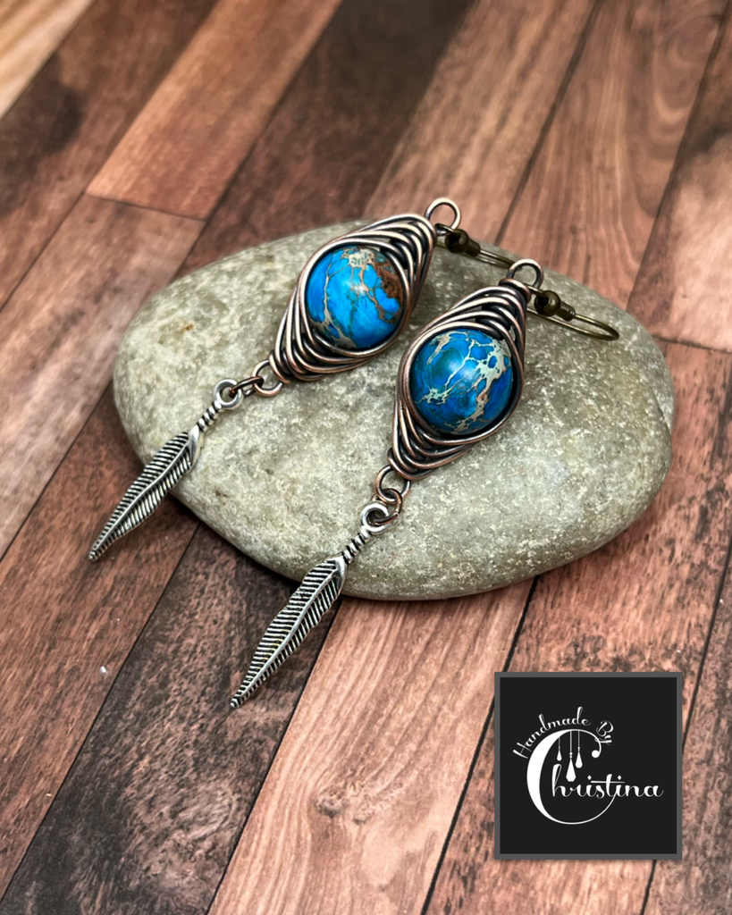 Herringbone Wire Wrapped Feather Impression Jasper Dangling Earrings