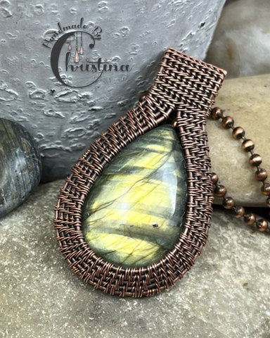 Oxidized Copper Wire Woven Green Flash Labradorite Pendant