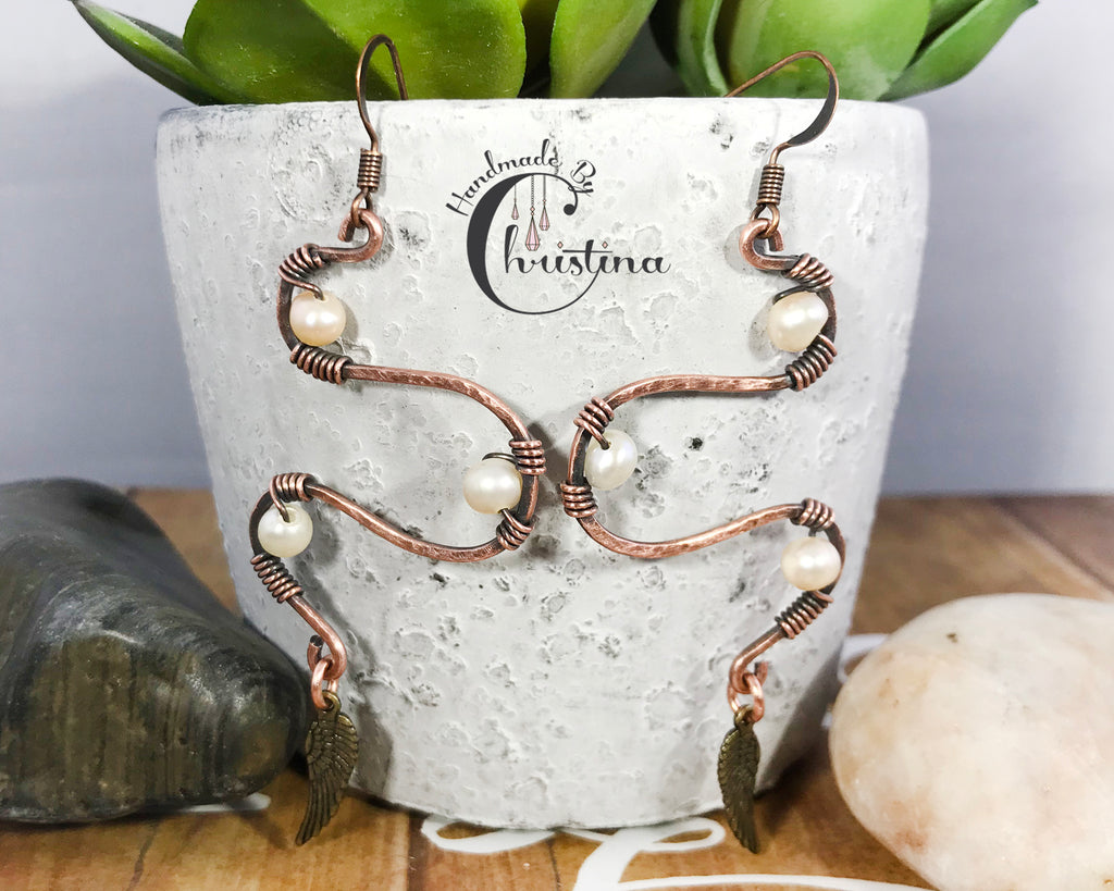 Handmade Oxidized Copper Made to Order Wire Wrapped Wavy Dangling Earrings Jewelry