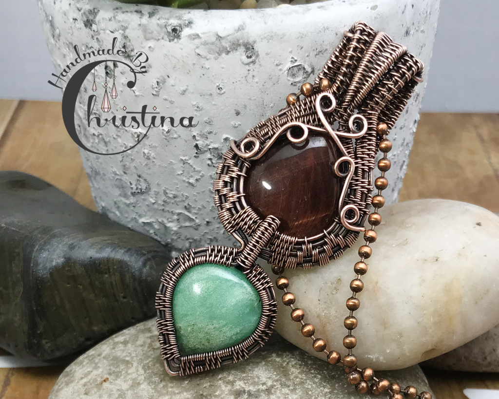 Handmade Oxidized Copper Wire Woven Red Tiger Eye & Chrysoprase Two Tier Pendant Necklace
