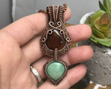 Handmade Oxidized Copper Wire Woven Red Tiger Eye & Chrysoprase Two Tier Pendant Necklace