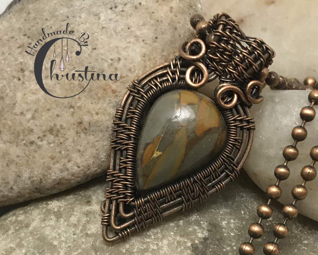 Oxidized Copper Wire Woven Bamboo Jasper Mini Pendant
