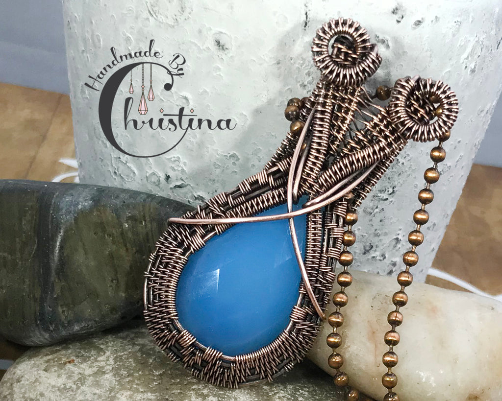 Handmade Oxidized Copper Wire Woven Blue Chalcedony Pendant Necklace Jewelry