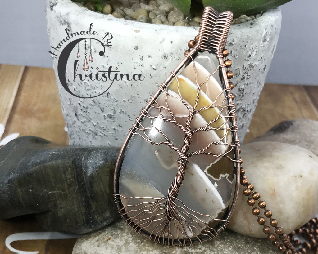 Artisan Handmade Oxidized Copper Wire Woven Priday Ranch Agate Gemstone Tree Of Life Pendant Necklace