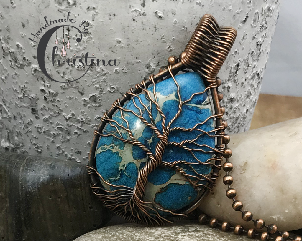 Oxidized Copper Wire Woven Blue Impression Jasper Tree Of Life Pendant Necklace