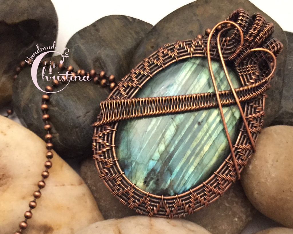 Oxidized Copper Wire Woven Blue Labradorite Pendant