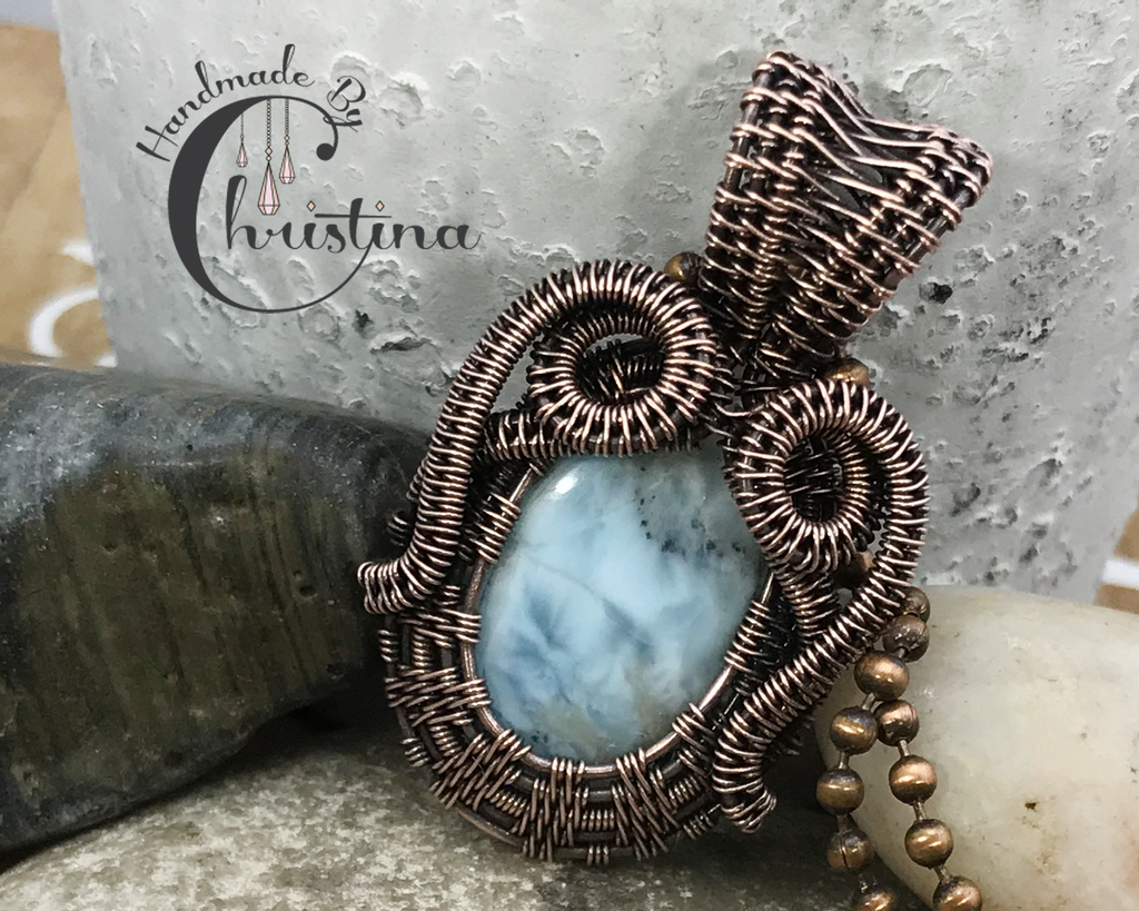 Handmade Wire Woven Oxidized Copper Larimar Swirl Pendant Necklace
