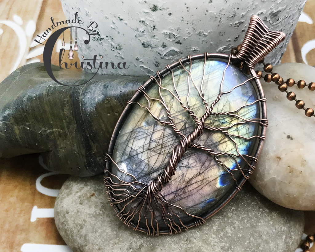 Handmade Artisan Wire Woven Purple Labradorite Tree Of Life Pendant Necklace