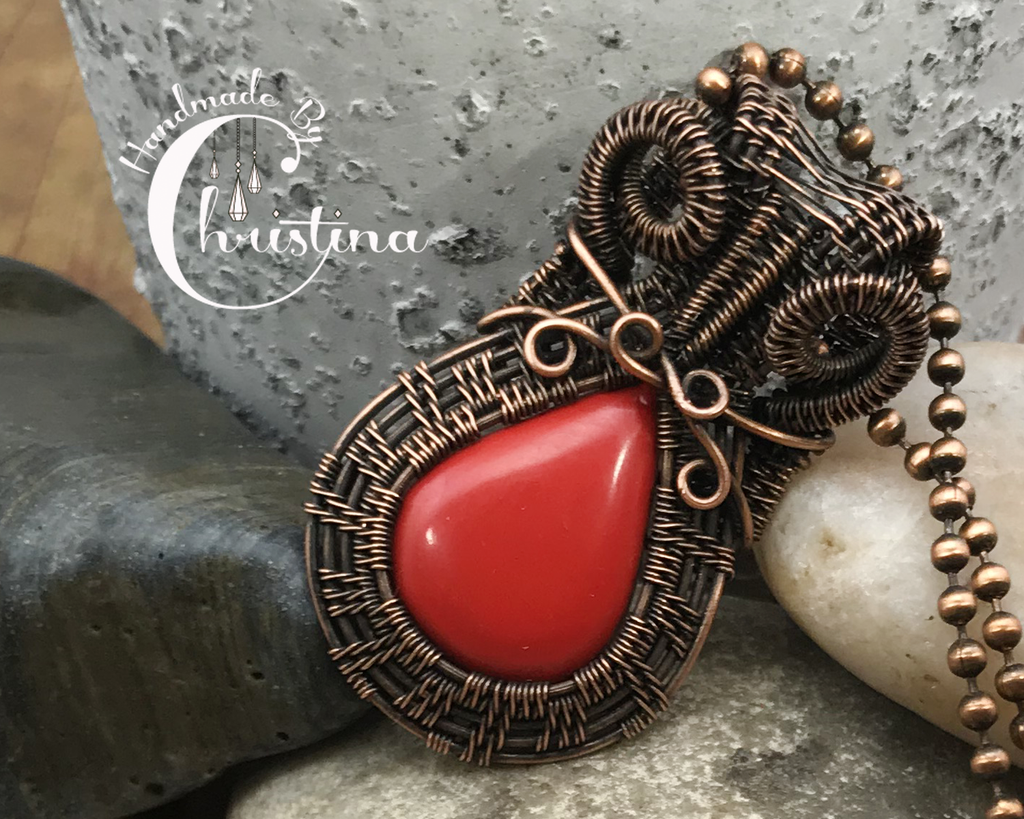 Handmade Oxidized Copper Wire Woven Red Coral Gemstone Pendant Necklace