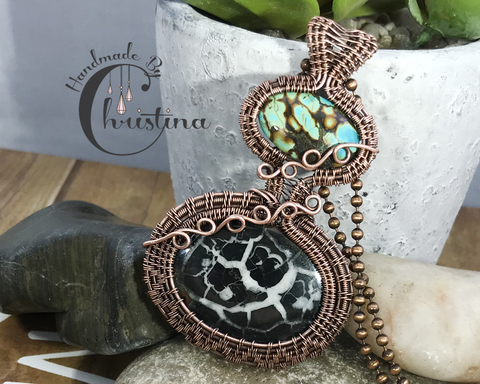 Oxidized Copper Wire Woven Septarian Gronates & Turquoise Pendant