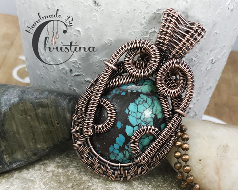 Oxidized Copper Wire Woven Turquoise Pendant