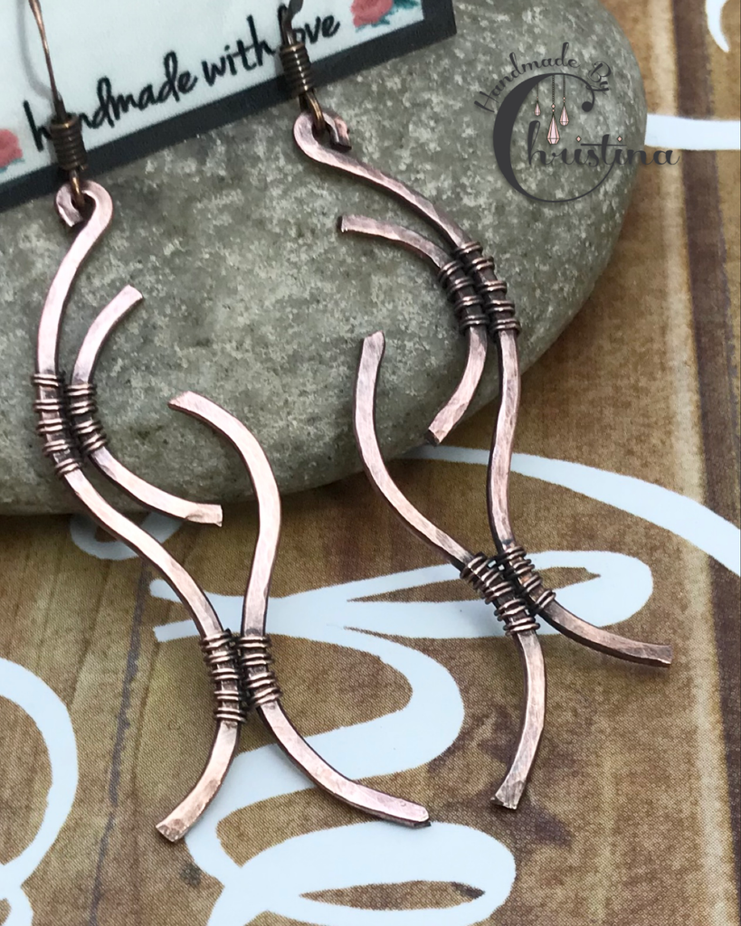 Hammered Oxidized Copper Wire Woven Rustic Dangling Earrings