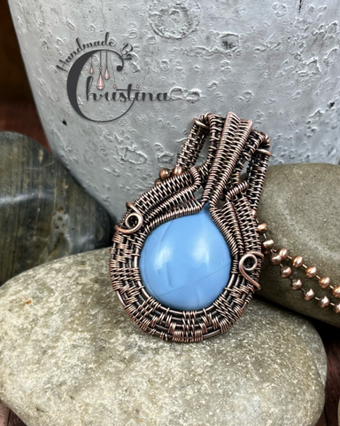 Oxidized Copper Wire Woven Owyhee Blue Opal Pendant