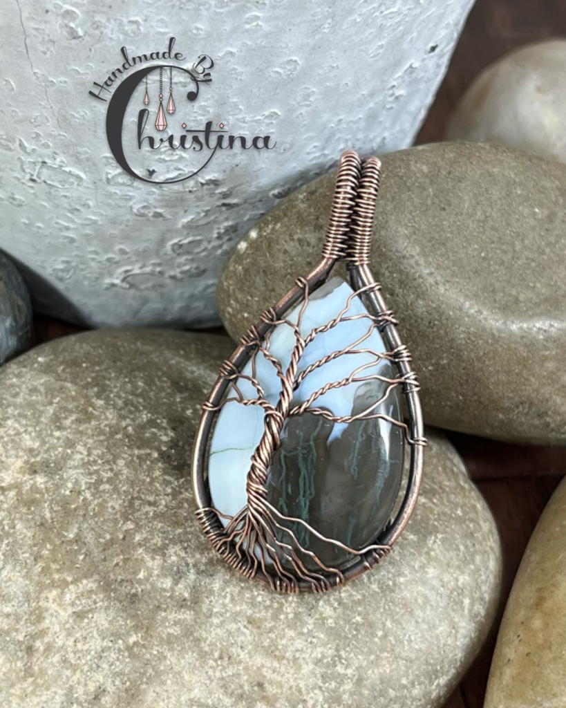 Oxidized Copper Wire Woven Blue Opal Tree Of Life Pendant necklace