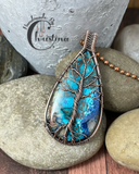 Oxidized Copper Wire Woven Azurite Tree Of Life Pendant - Handmade By Christina