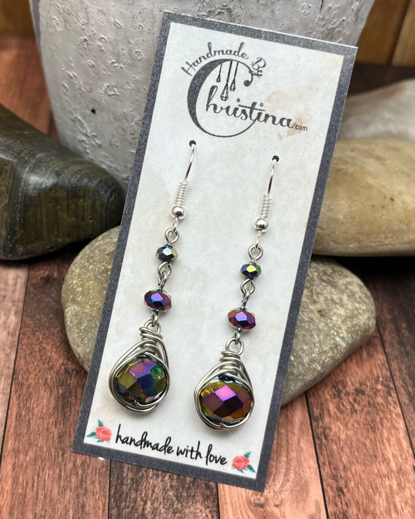 Herringbone Wire Wrapped Silver Tone Purple Iridescent Glass Dangling Earrings