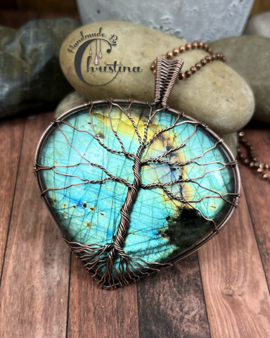 Oxidized Copper Wire Woven Labradorite Tree Of Life Statement Pendant