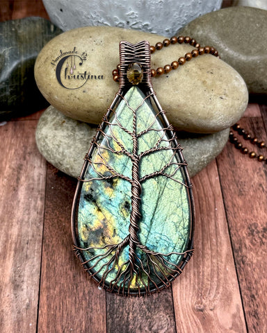 Oxidized Copper Wire Woven Labradorite Tree Of Life Pendant