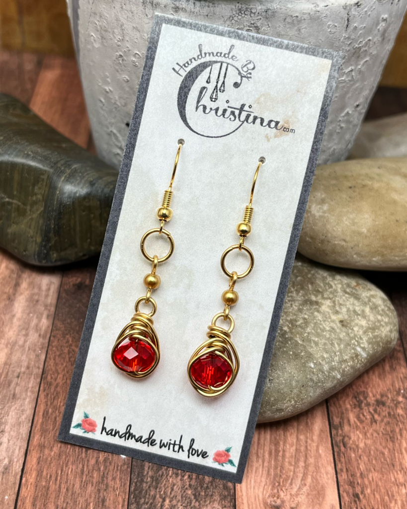 Herringbone Wire Wrapped Gold Tone Red Glass Dangling Earrings