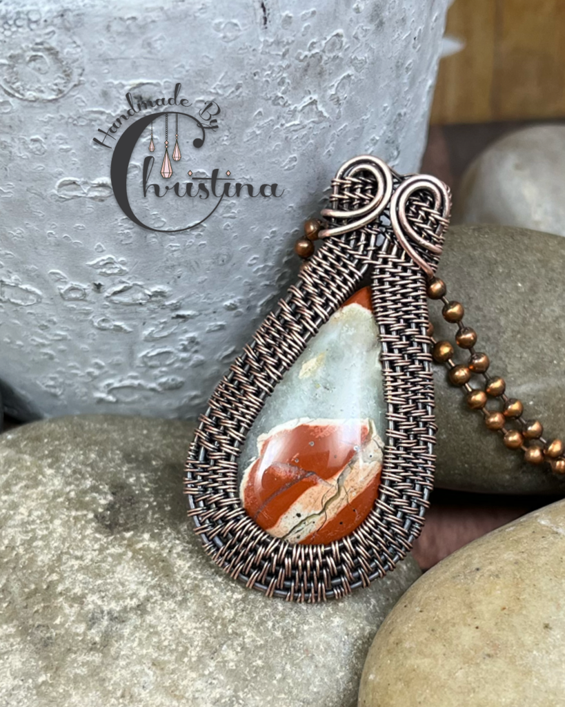 Oxidized Copper Wire Woven Red River Jasper Pendant necklace