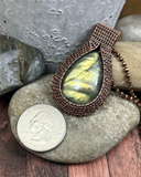Oxidized Copper Wire Woven Green Flash Labradorite Pendant necklace