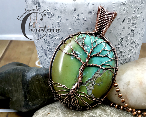 Oxidized Copper Wire Woven Turquoise Tree Of Life Pendant