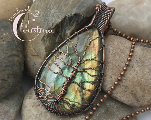 Oxidized Copper Wire Woven Teardrop Full Flash Labradorite Tree Of Life Pendant