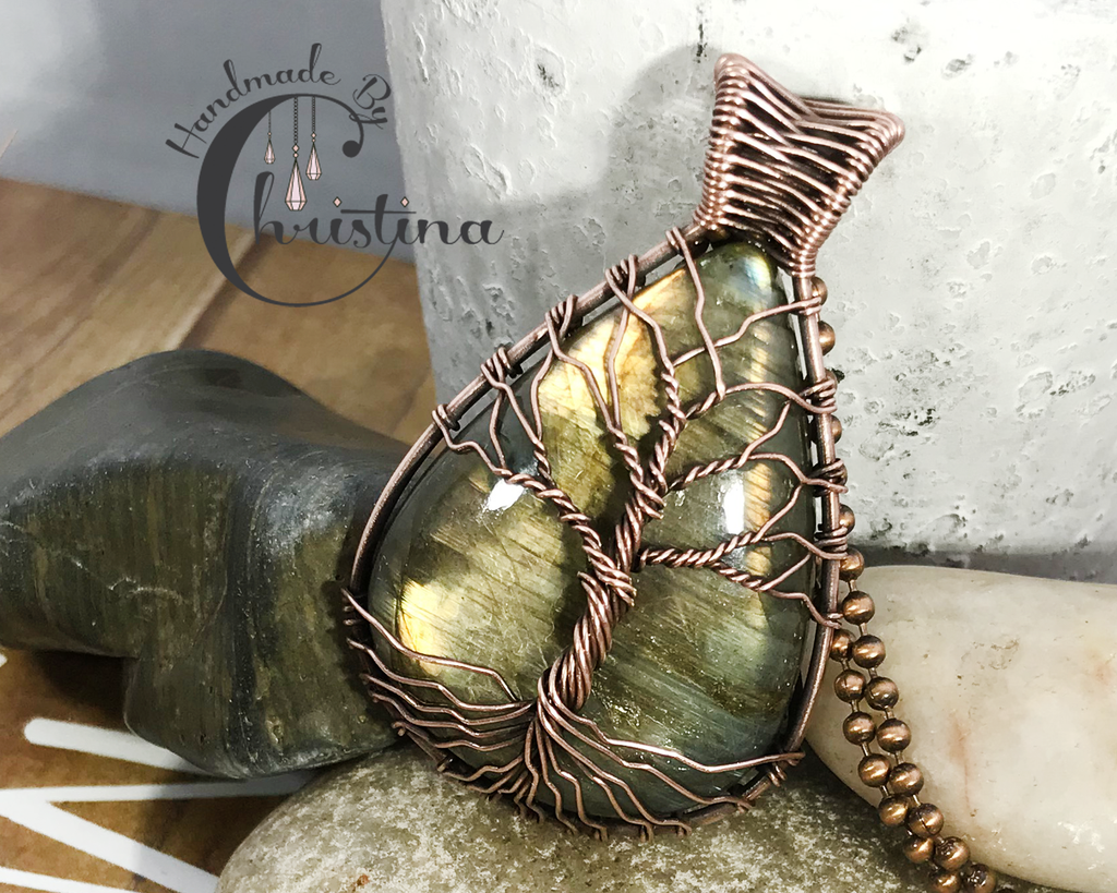 Oxidized Copper Wire Woven Golden Labradorite Tree Of Life Pendant Necklace Jewelry