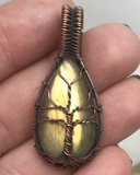 Oxidized Copper Wire Woven Teardrop Golden Flash Labradorite Tree Of Life Pendant