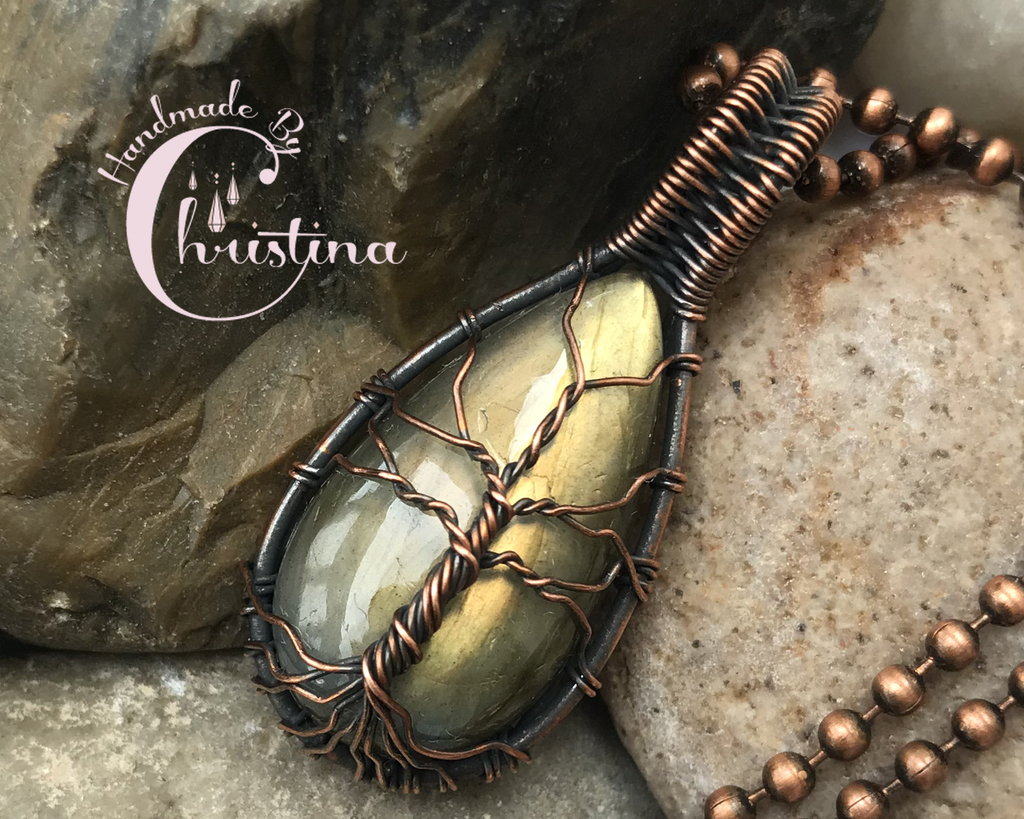 Oxidized Copper Wire Woven Teardrop Golden Flash Labradorite Tree Of Life Pendant - Handmade By Christina
