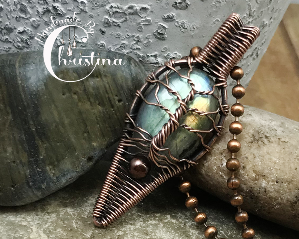 Oxidized Copper Wire Woven Labradorite Tree Of Life Artisan Pendant Necklace
