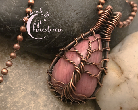 Oxidized Copper Wire Woven & Pink Thulite Mini Tree Of Life Pendant