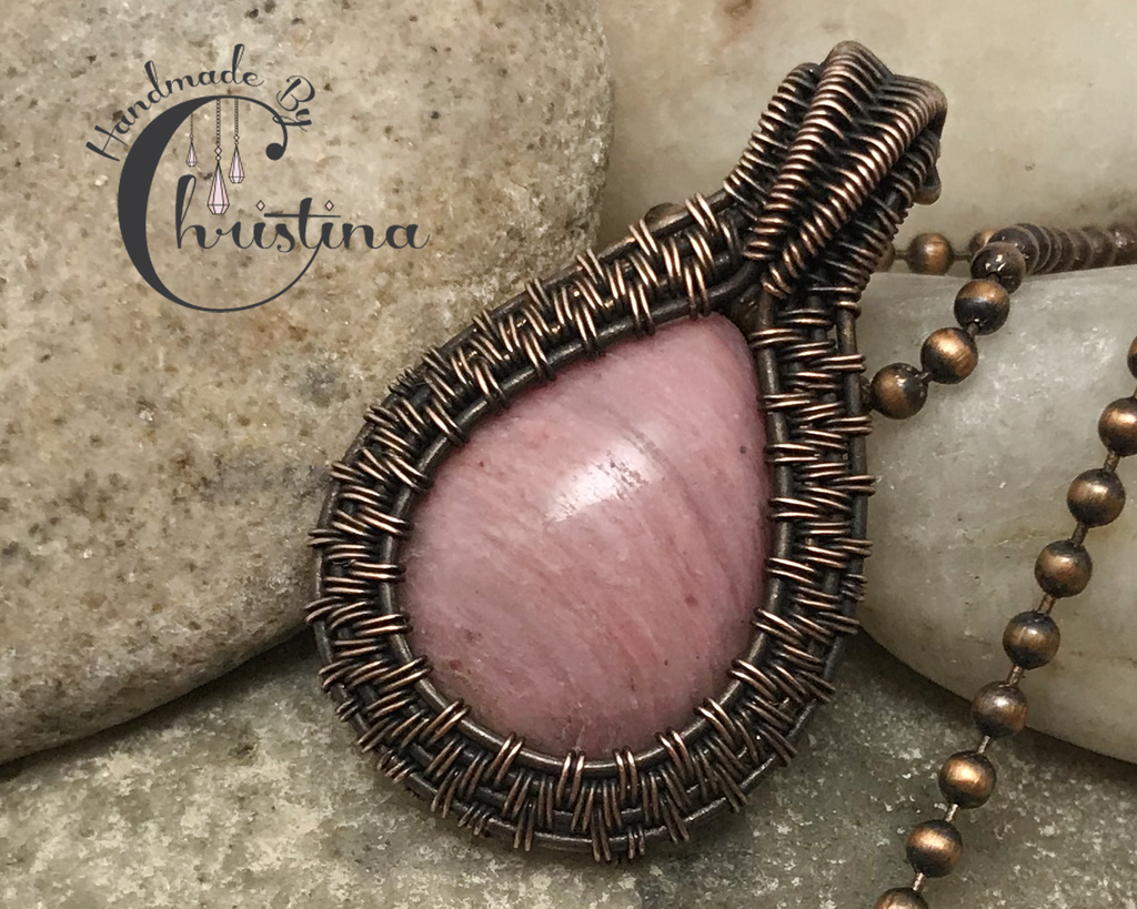 Handcrafted Oxidized Copper Wire Woven Pink Thulite Pendant Necklace